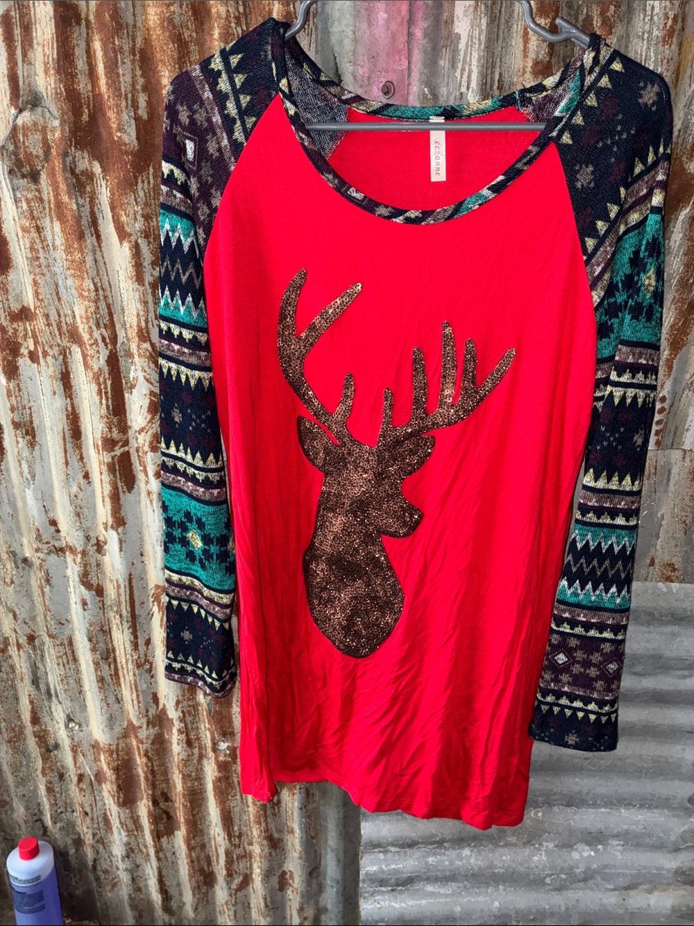 Women’s Red Raglan Sleeve Top with Glitter Deer
